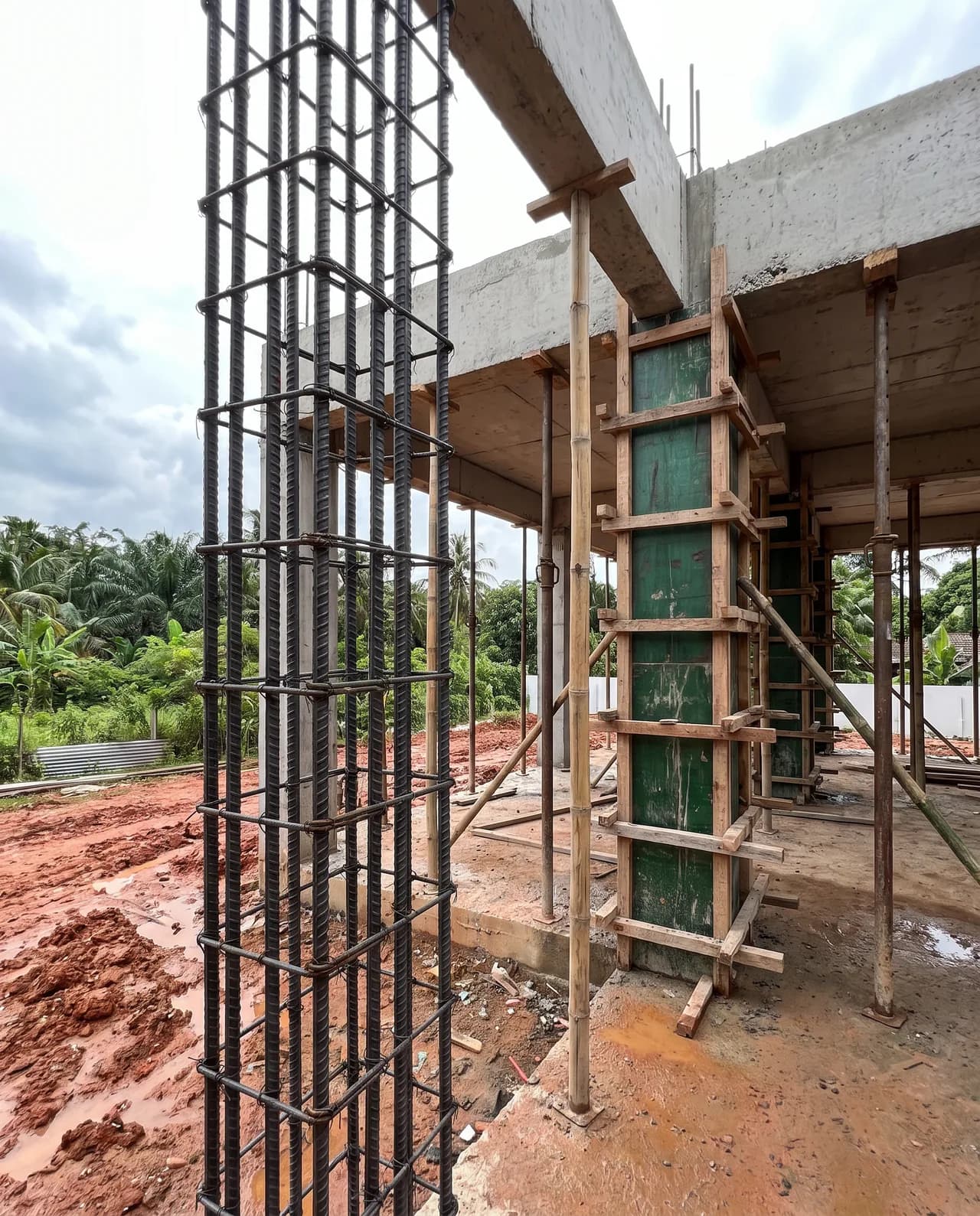 A column reinforcement cage tied and boxed in formwork on a Beyond Constructions site