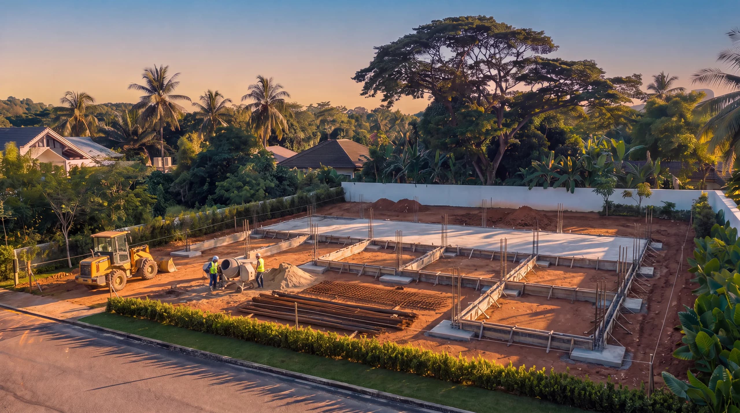 The foundation stage on the plot: ground beam formwork, reinforcement and the freshly poured slab