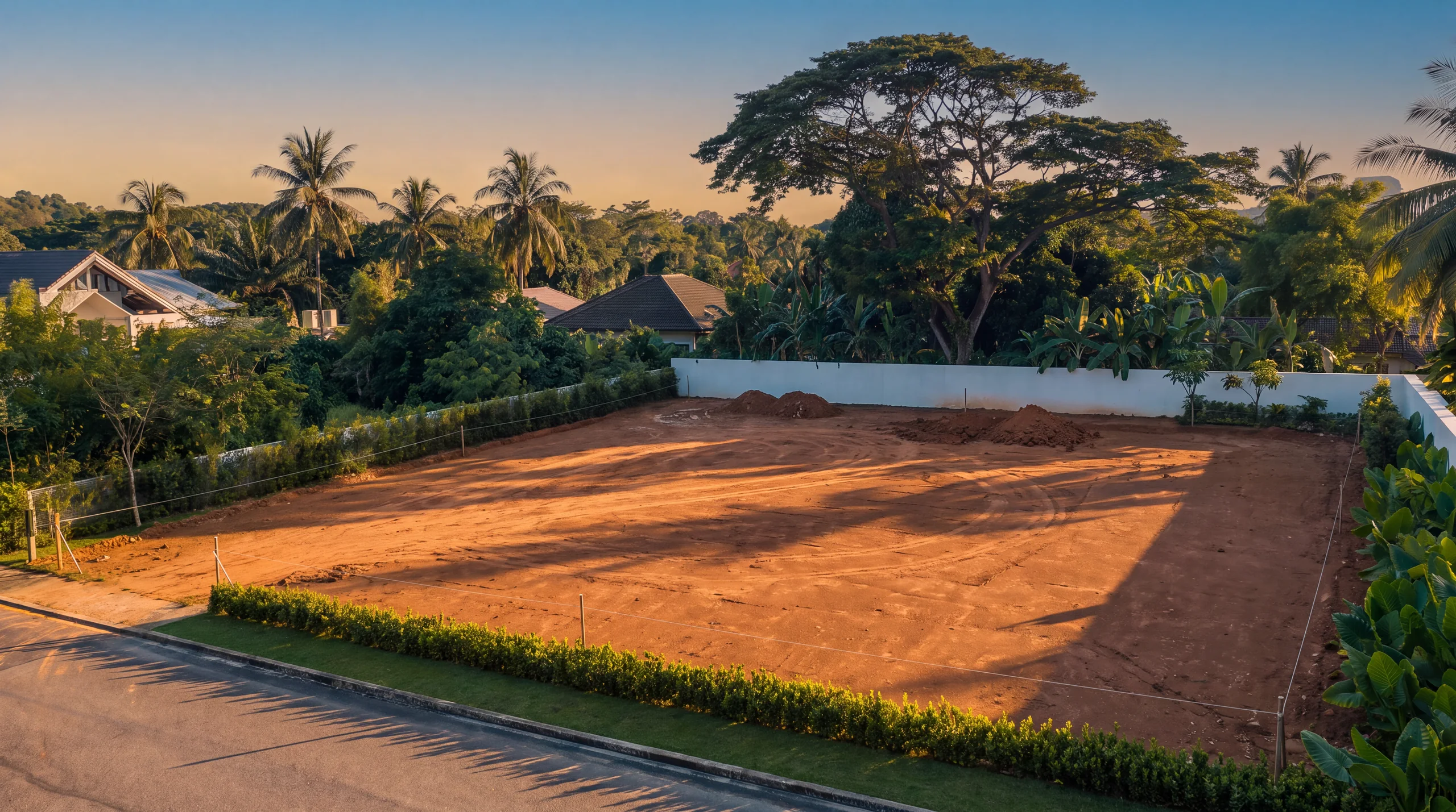 A cleared residential plot in Bukit Jelutong at golden hour, pegged and ready for setting out